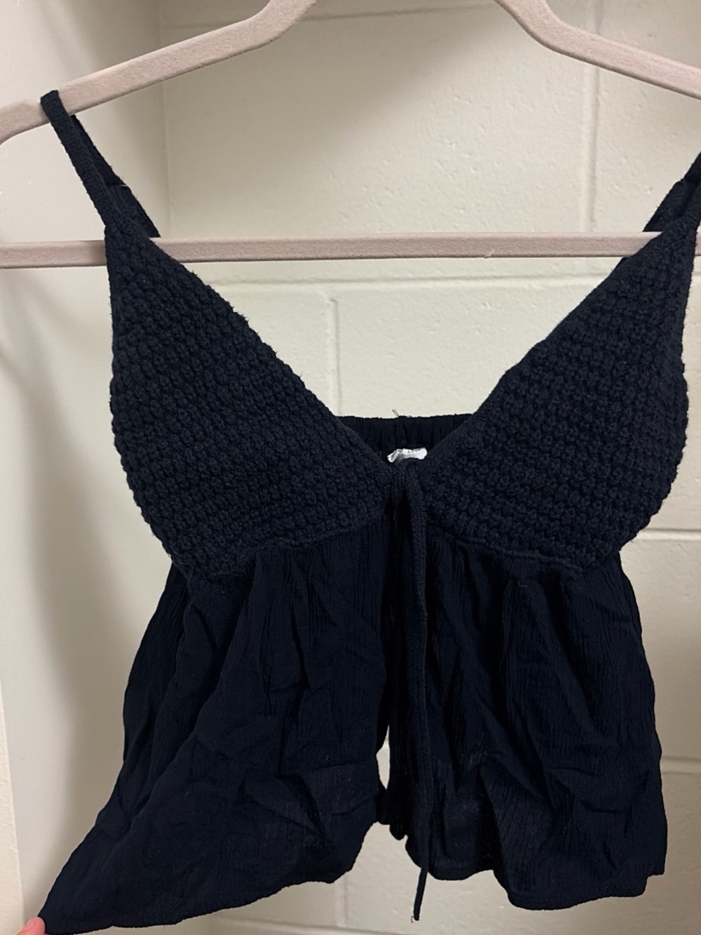 Garage Navy Smocked V-Neck Tank with Front Tie